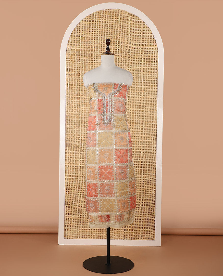 Orange-ombre organza chudidar material set, position print & intricately bead embroidered top, floral vine zari embroidery dupatta & plain santoon bottom