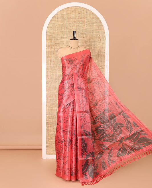 Borderless pink floral motifs printed tissue silk saree with floral printed pallu, and a contrast plain blouse