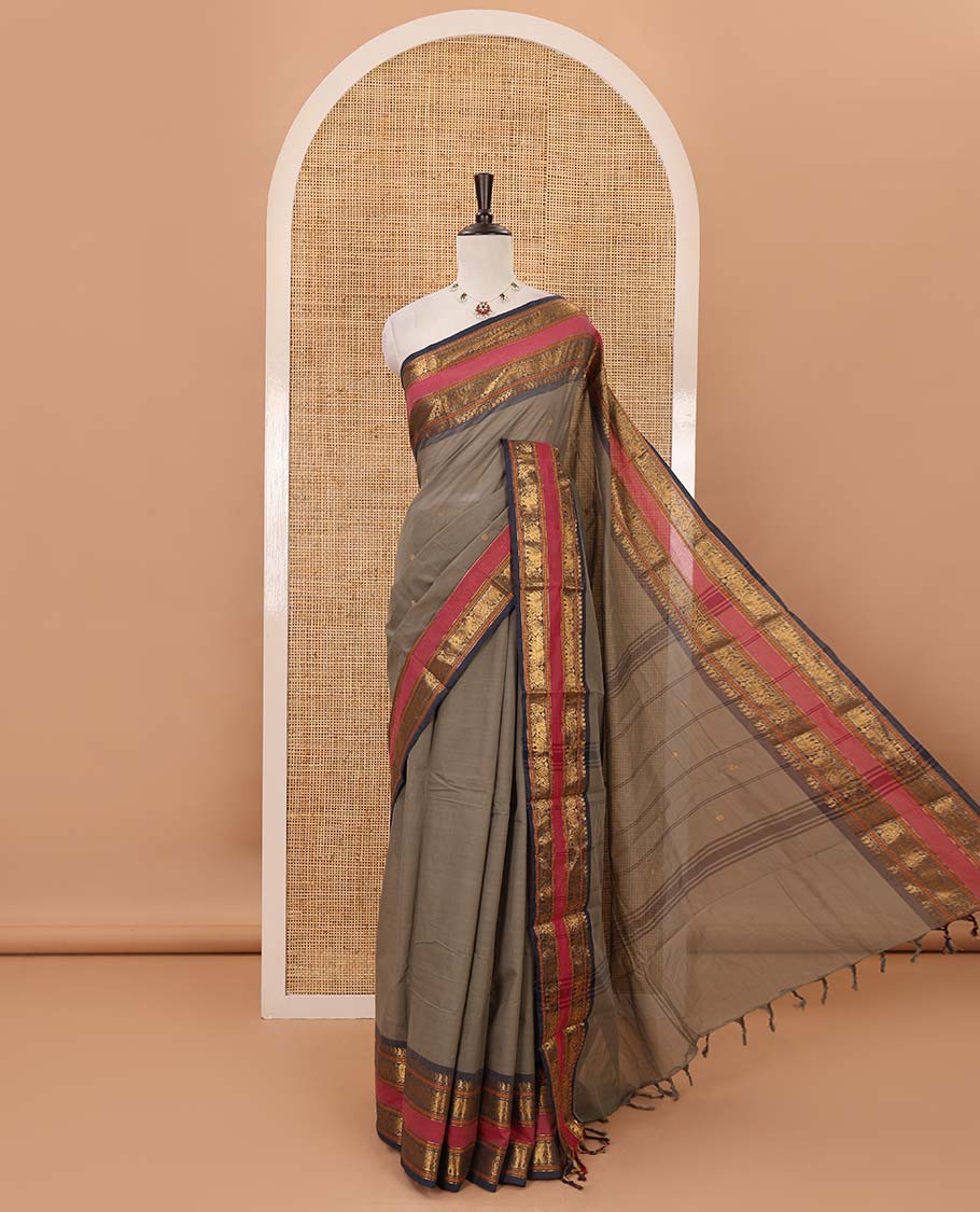 Grey zari buttas Chettinad cotton saree, contrast rettai pettu traditional zari border, striped pallu & blouse of zari border