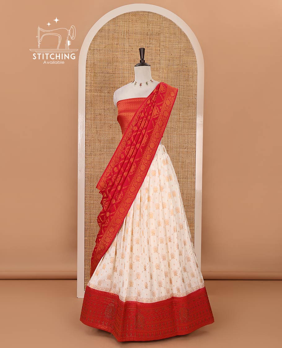Cream semi-banaras half-saree, zari buttas & contrast Swarovski stonework traditional border skirt, jacquard blouse & contrast jaal jacquard red dhavani