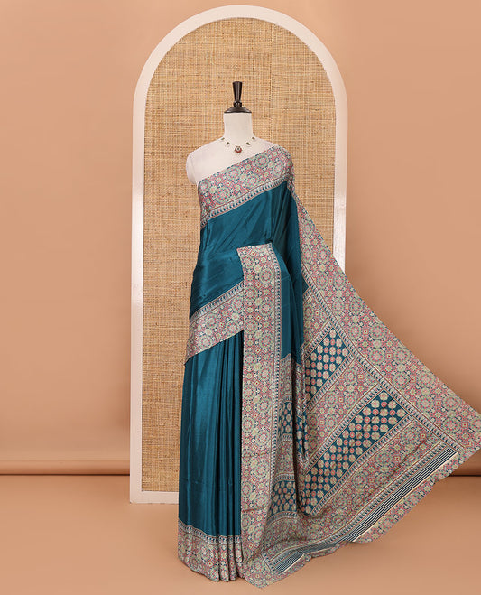 Ramar blue plain design Turkey crepe saree, intricately Ajrakh-printed border, pallu & matching blouse