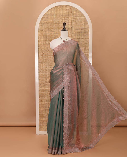 Olive green plain fendy-chiffon saree, scallop Swarovski copper stone work border & contrast Swarovski copper stonework blouse