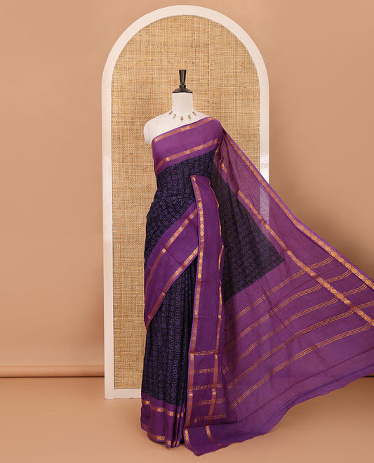 Black-violet Tamil letters printed Sungudi cotton saree, contrast rudraksham rettai pettu zari border, striped pallu & contrast veldhari striped blouse