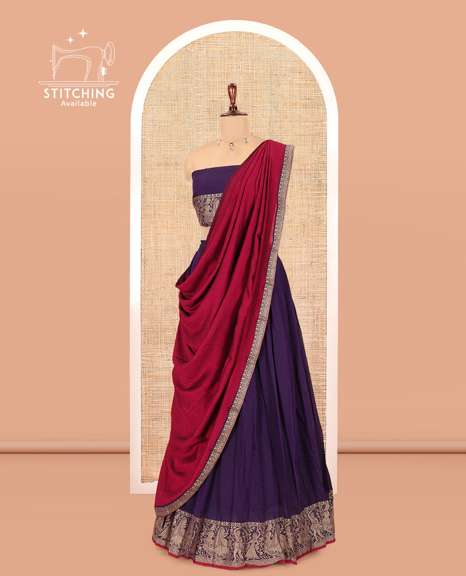 Violet Mercerised Cotton Half-Saree Features a Plain Skirt, a Bridegroom Motif Border, a Matching Blouse, a Contrast Dhavani