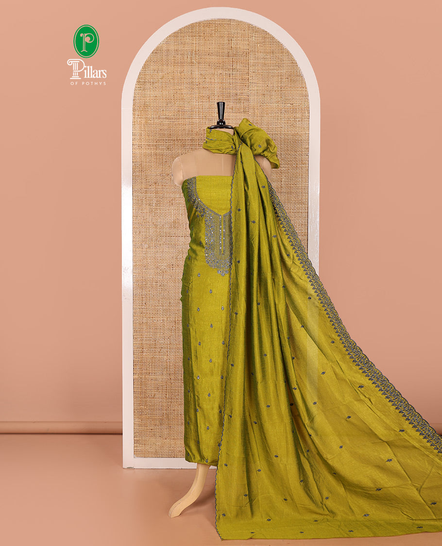 Green Material Chudidar Set Embellished with Thread and Sequins Embroidery Vichitra Silk Top, Subtly Made Plain Santoon Bottom, and a Vichitra Silk Dupatta of Thread and Sequins Embroidery