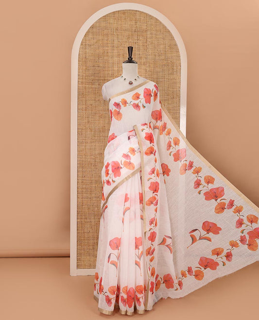 White-base orange color floral creeper printed linen saree, zari piping border, floral creeper print pallu & floral print blouse