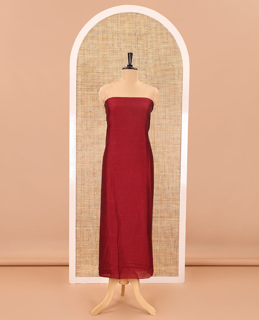 Maroon material chudidar set, plain Vichitra silk top, santoon bottom, and dupatta of Ajrakh print and mirror work