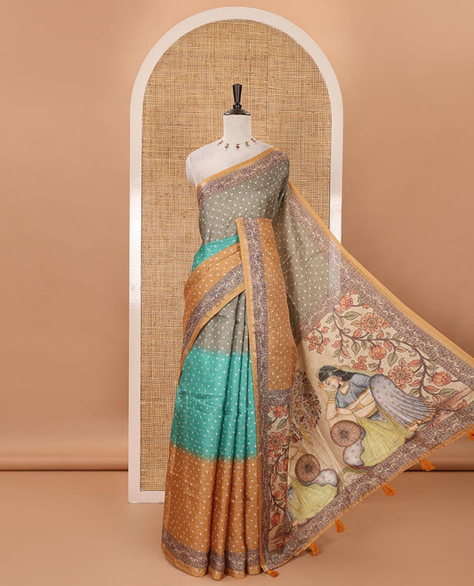 Mustard 3D-dying with bandhani printed design kota saree , self printed border , radhe and kalamkari style printed pallu & contrast printed blouse