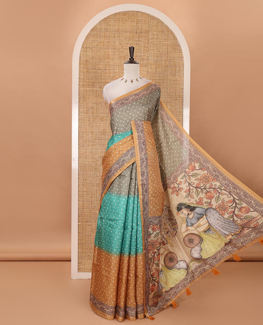 Mustard 3D-dying with bandhani printed design kota saree , self printed border , radhe and kalamkari style printed pallu & contrast printed blouse