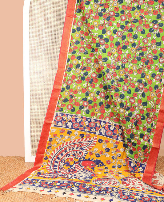 Light green floral design machine-printed kalamkari cotton saree with contrast zari design border & animal motifs pallu