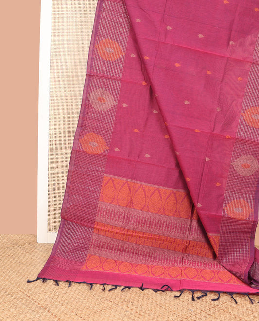 Purple floral motifs coimbatore cotton saree with self checked, floral design border & floral design pallu