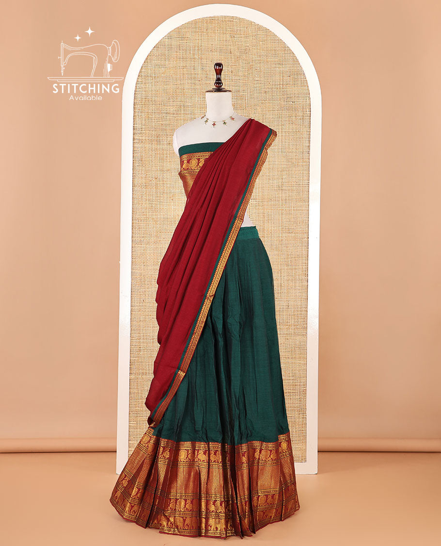 Green mercerised cotton zari border half saree with cotton blouse &amp; skya georgette one side zari border dhavani