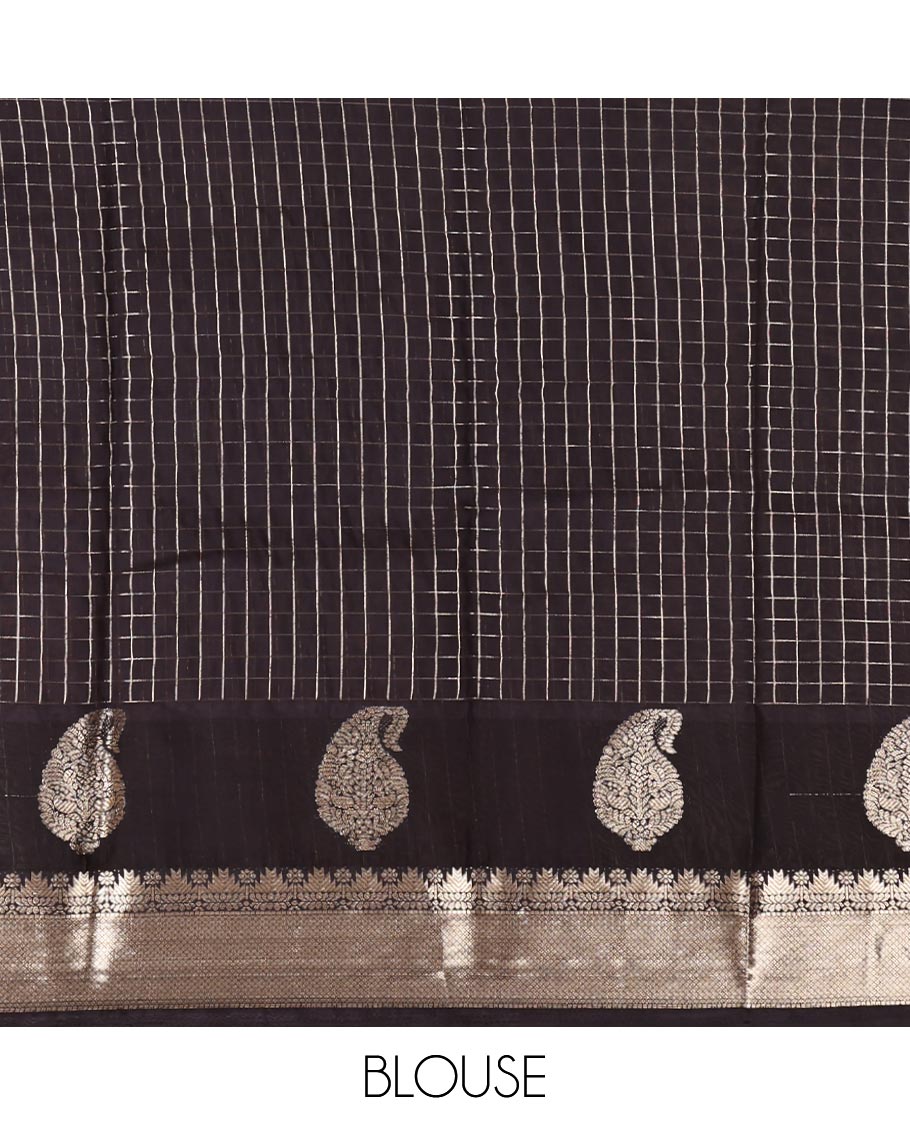 Peach Assam Silk Saree, Detailed with Zari Checks, Complemented by a Contrast Traditional Zari Design Border, Zari Striped Pallu, and a Contrast Blouse
