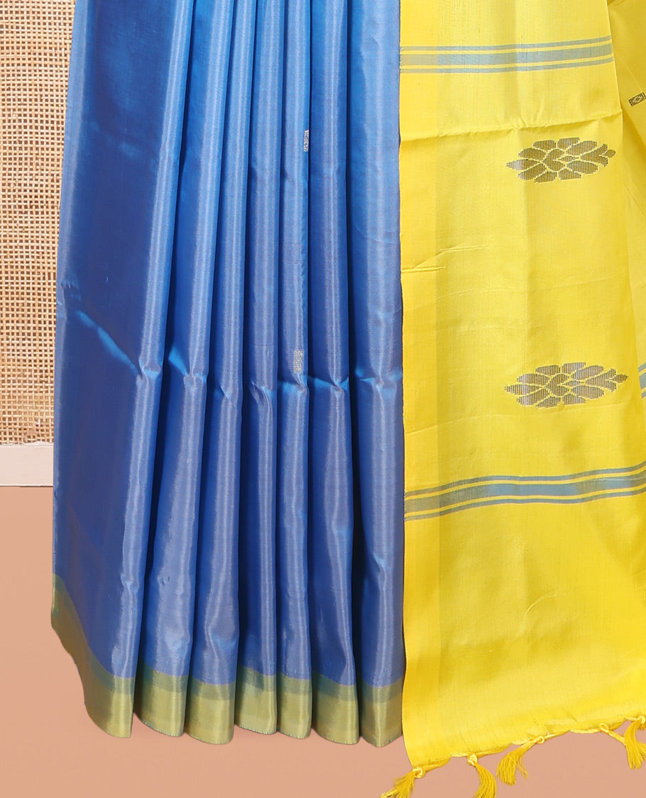Blue Banana Pith Saree, Woven with Buttas, a Contrast Border, Pallu of Stripes and Buttas, and a Contrast Blouse