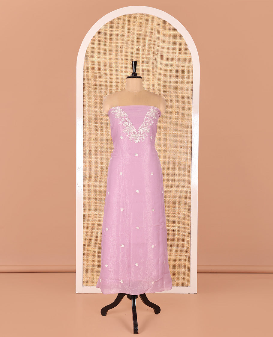Light Purple Shimmer Georgette Material Chudidar Set, Finely Crafted with Floral Thread Embroidery on Its Top, a Plain Santoon Bottom, and Comes with a Floral Embroidered Shimmer Georgette Dupatta