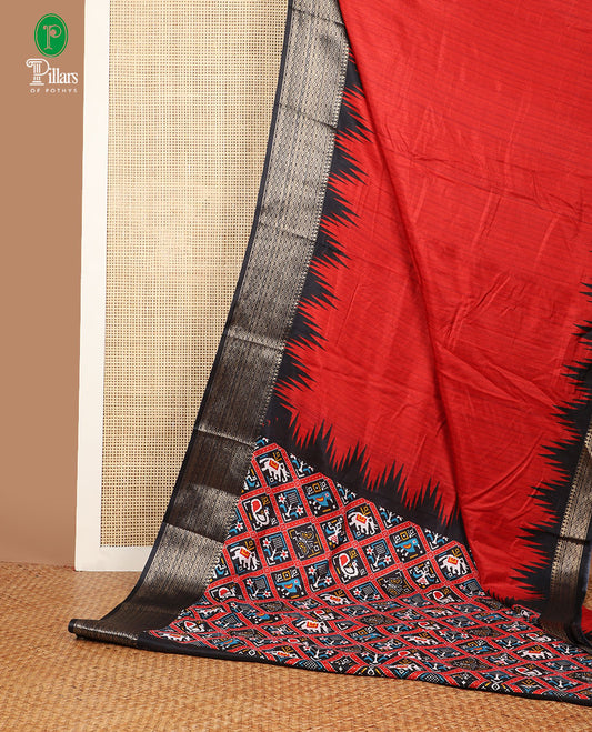 Maroon striped negeative print dola silk saree with contrast temple zari design border & ikkat print pallu along with ikkat printed blouse