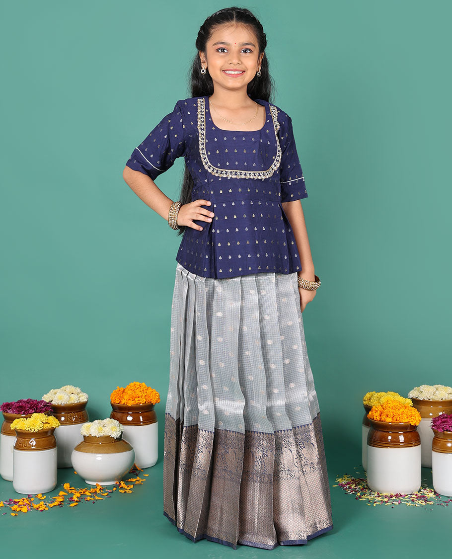 Blue readymade art silk pavadai, zari buttas & contrast traditional zari big border skirt & zari buttas elbow sleeve round-neck blouse