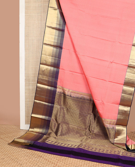 Peach checked silk saree with contrast bhavanji border & floral enclosed checked design pallu