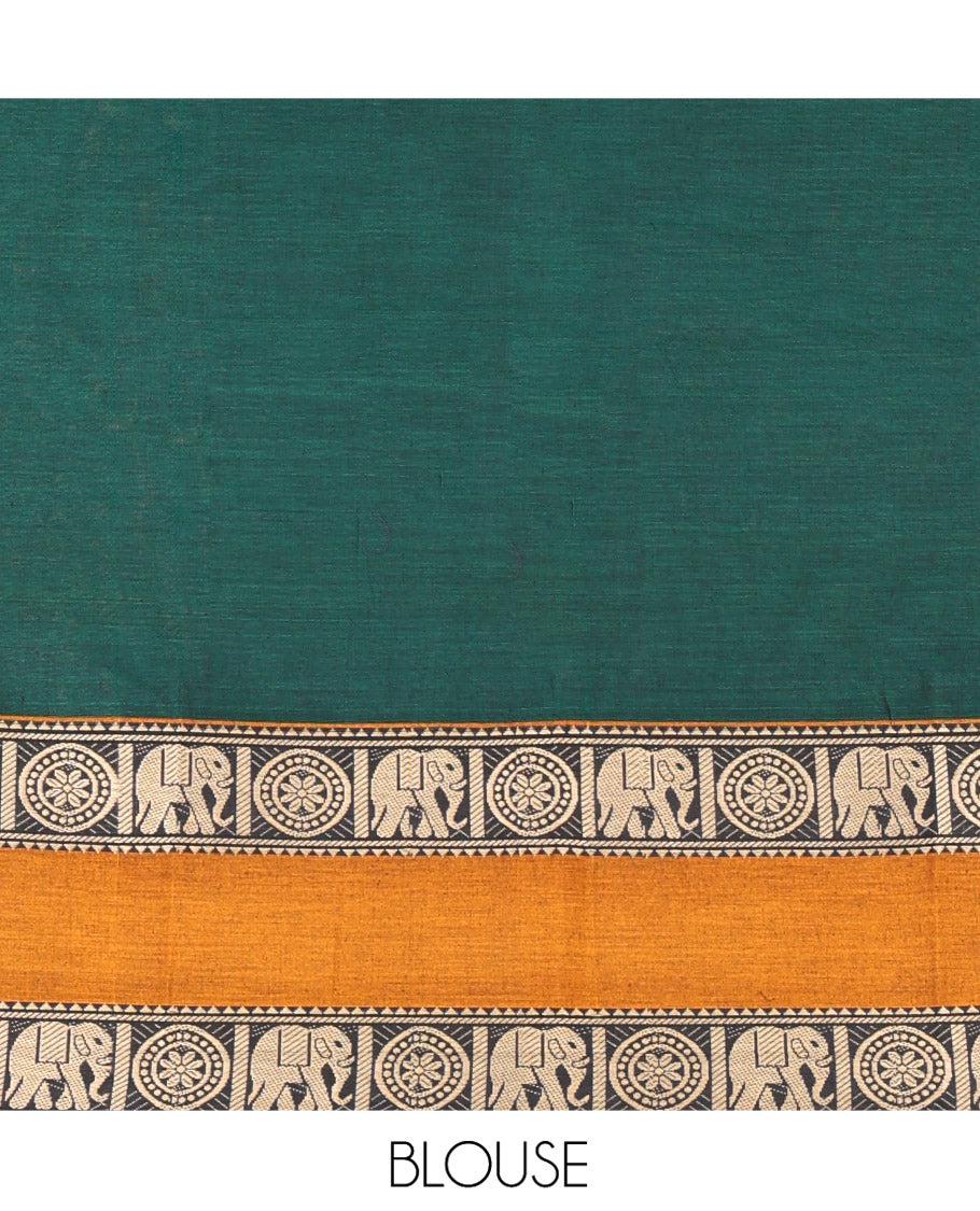 Green Plain Mercerised Cotton Saree, Complemented by a Contrast Ganga-Jamuna Rettai Pettu Thread Border of Temple, Elephant, and Chakram Designs, Subtly Striped Pallu, and Paired with a Matching Blouse