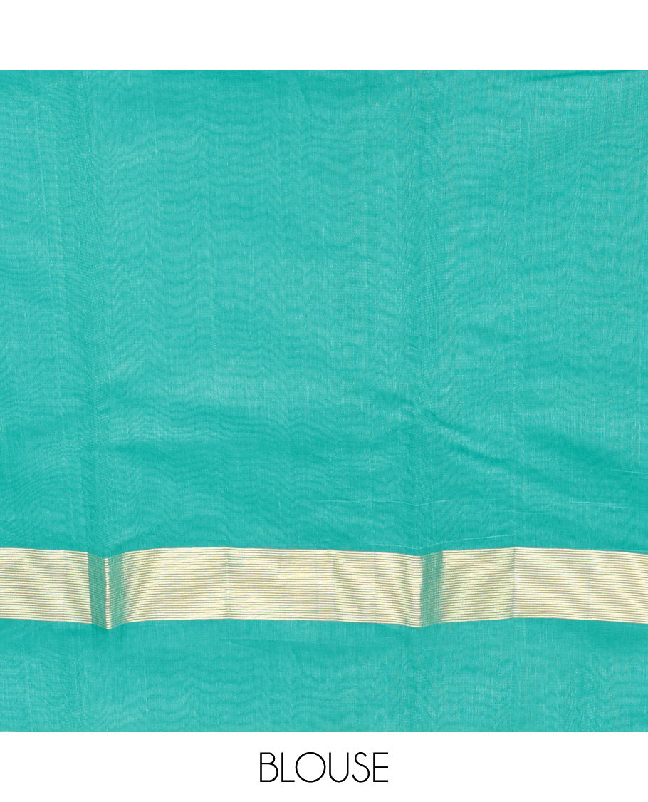 Turquoise Silk Cotton Saree, Subtly Sparkled with Zari Buttas, Complemented by a Contrast Zari Border, Grand Pallu, and a Contrast Blouse
