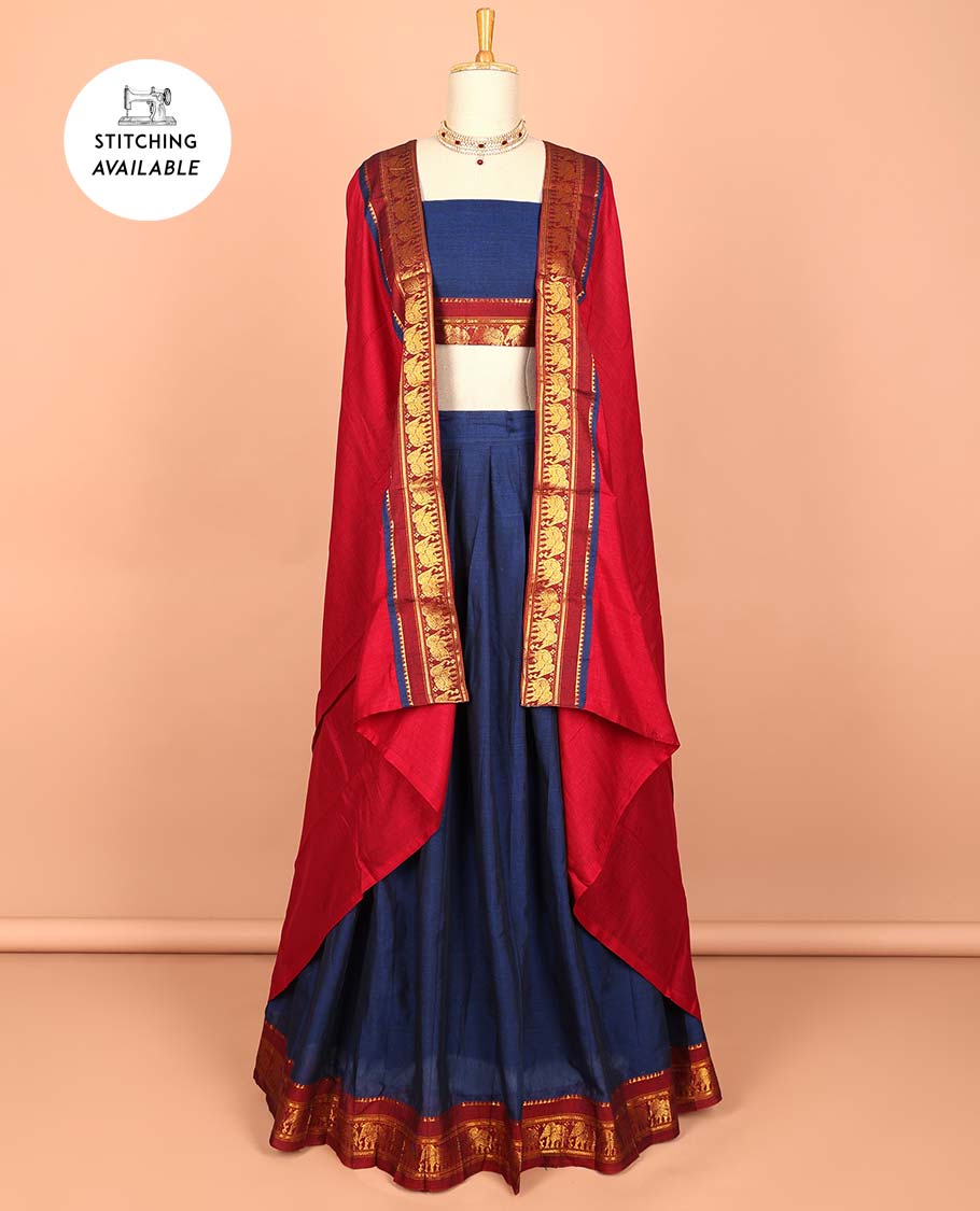 Blue cotton half saree with contrast zari border, plain blouse & plain with zari border dhavani
