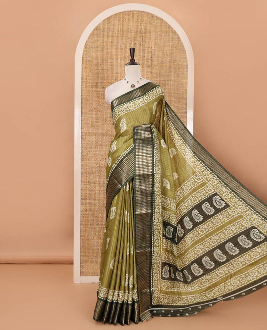 Olive green zari striped & batik paisley-floral printed dola silksaree,contrast zari border,batik paisley print pallu & blouse of print & zari work