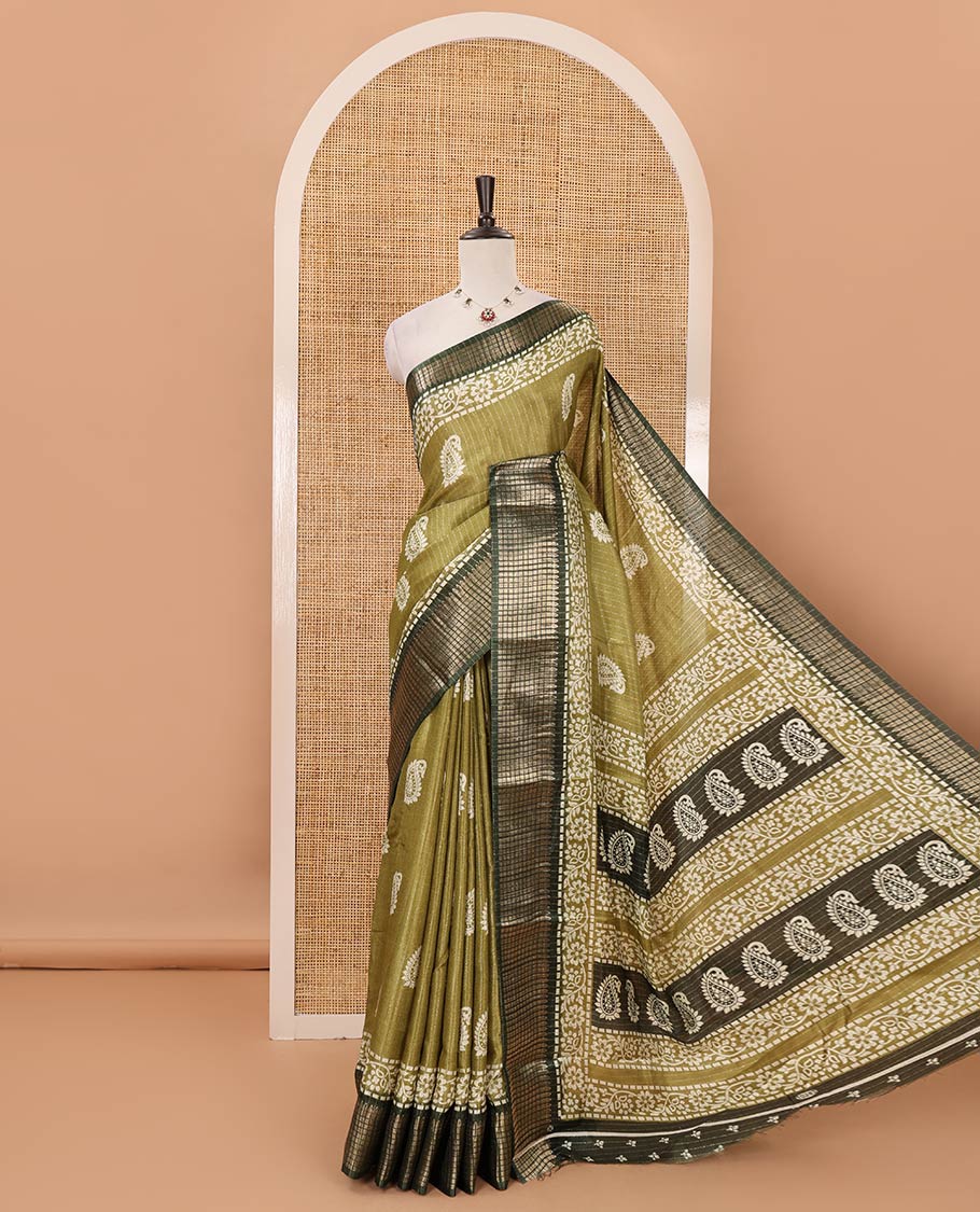 Olive green zari striped & batik paisley-floral printed dola silksaree,contrast zari border,batik paisley print pallu & blouse of print & zari work