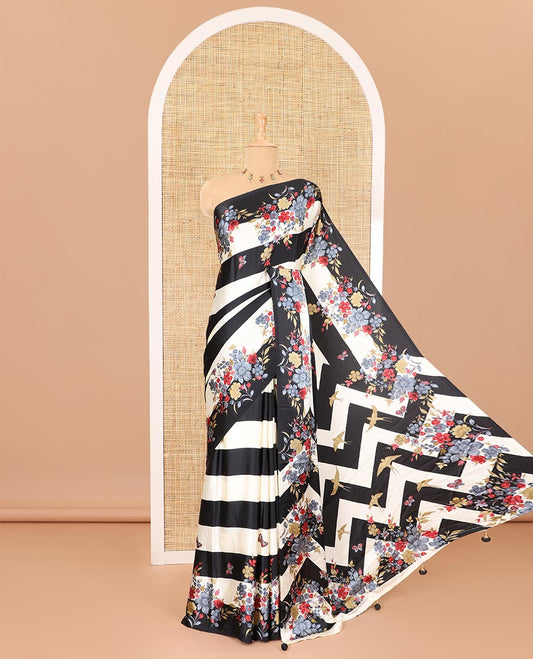 Borderless black horizontal stripes, and flora-butterflies printed satin crepe saree, self-pallu of floral, butterflies and bird print, and printed pallu