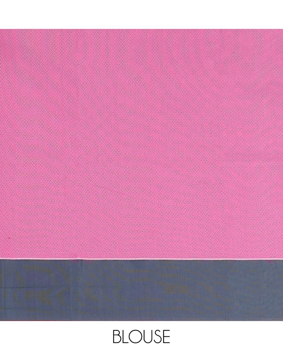 Pink Semi-Silk Cotton Saree, Sparsely Woven with Buttas and Floral-Paisley Design All Over Its Body, Complemented by Contrast Border, Sparsely Woven Pallu of Jaal Designs, and Paired with a Matching Blouse
