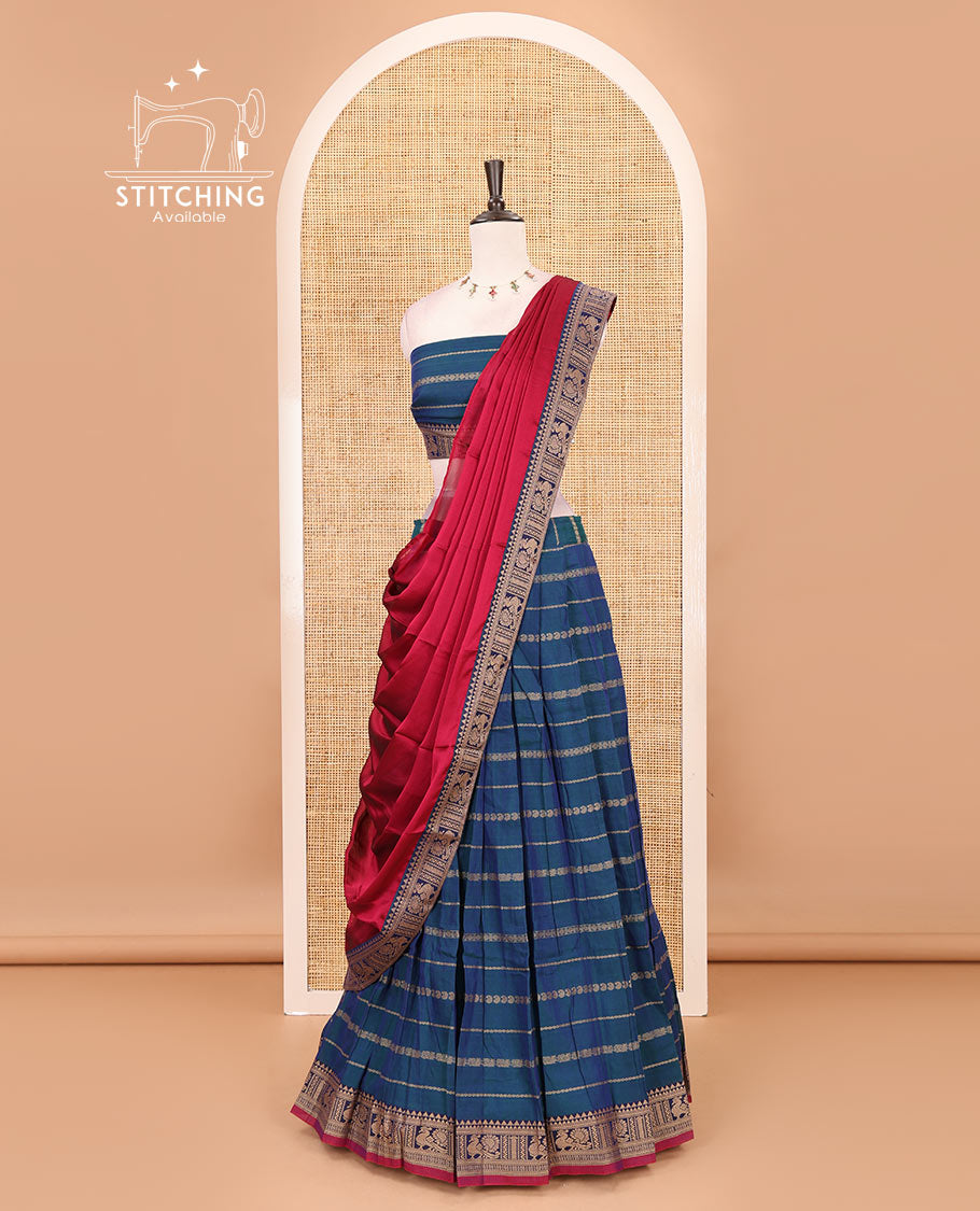 Peacock blue-magenta mercerised cotton half-saree, traditional design resham thread skirt, matching traditional design blouse & contrast syska georgette dhavani