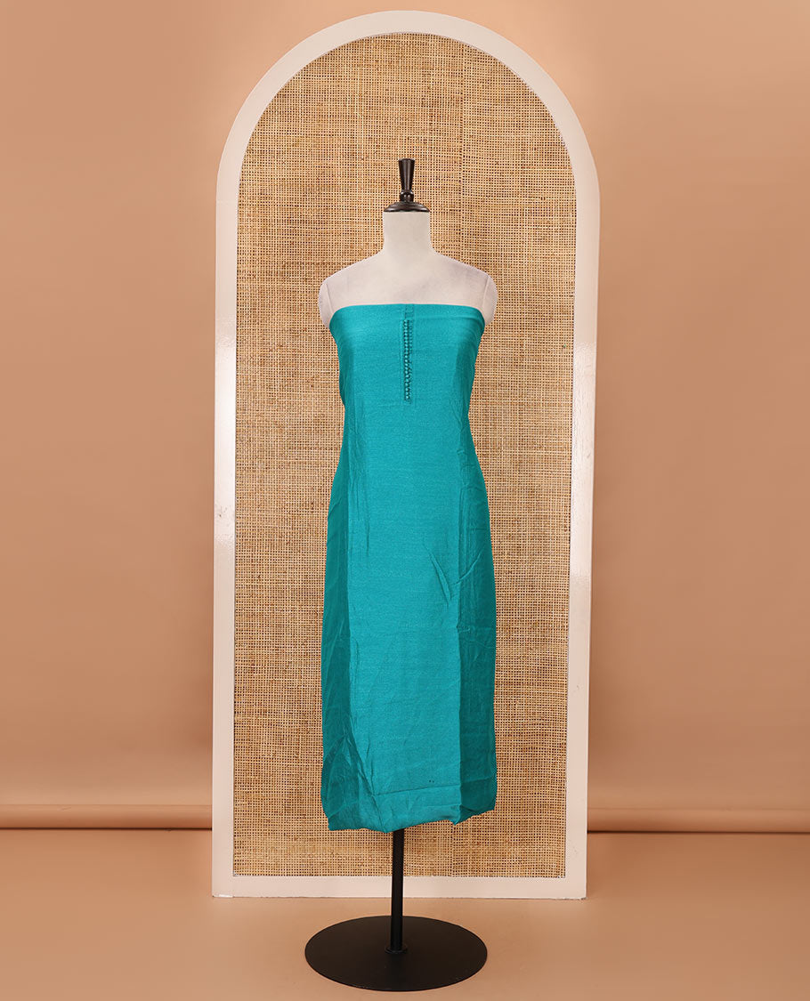 Ramar green material chudidar set, plain with neck work vichitra silk top, cotton bottom & baraso floral printed dupatta