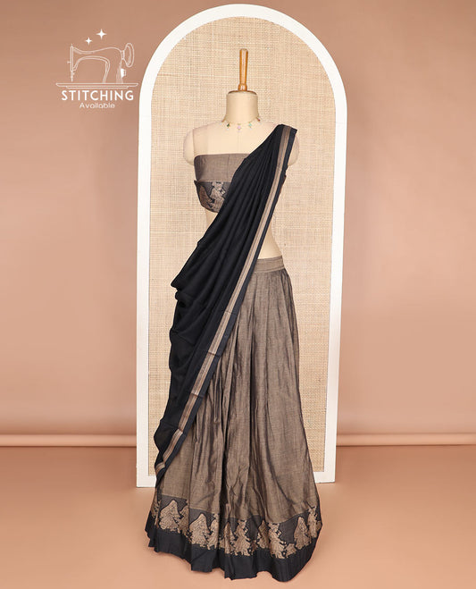 Grey cotton half saree with contrast wedding design border, wedding design blouse & plain dhavani