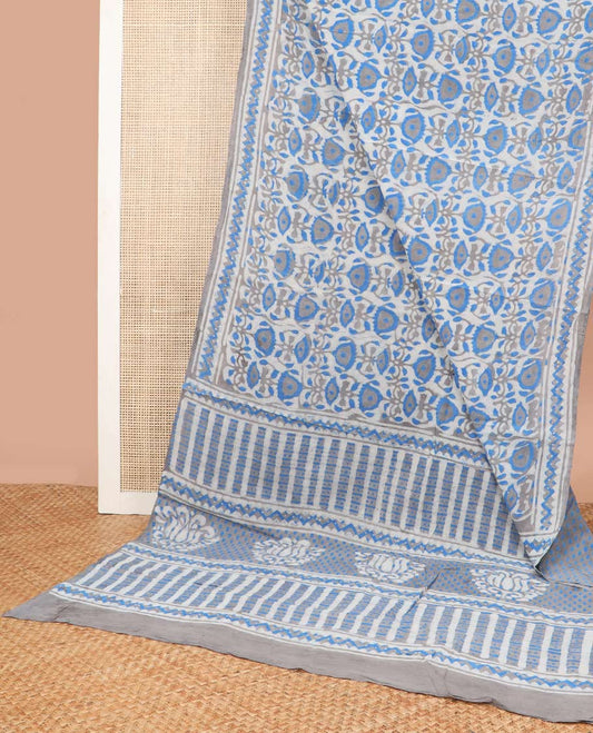 Blue floral block design mul mul cotton saree with contrast intricate design & floral motifs pallu