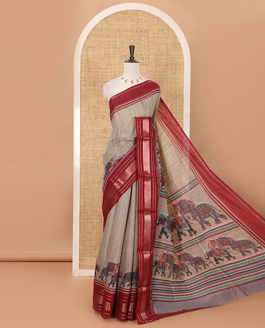 Grey with purple plain & elephant motifs printed soft-tussar saree, contrast zari border, pallu of elephant & geometric print & plain blouse