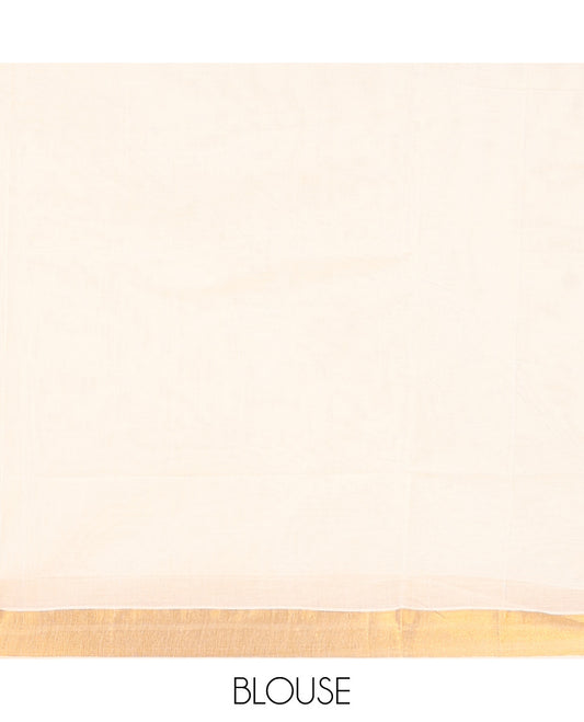 Cream Kerala Saree, Ornamented with Zari Buttas on Its Body, Subtly Sparkled Bavanji Border, Pallu Woven in Zari Peacock Designs, and Paired with a Matching Blouse