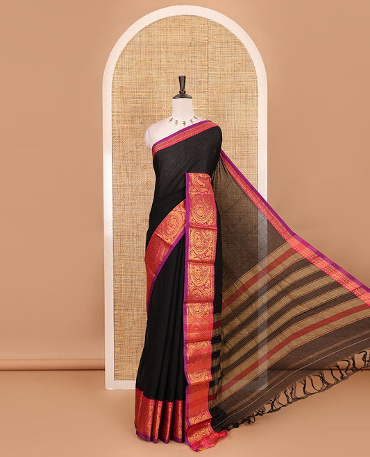 Black plain design mercerised cotton saree, contrast traditional peacock enclosed manga border, striped pallu & matching blouse
