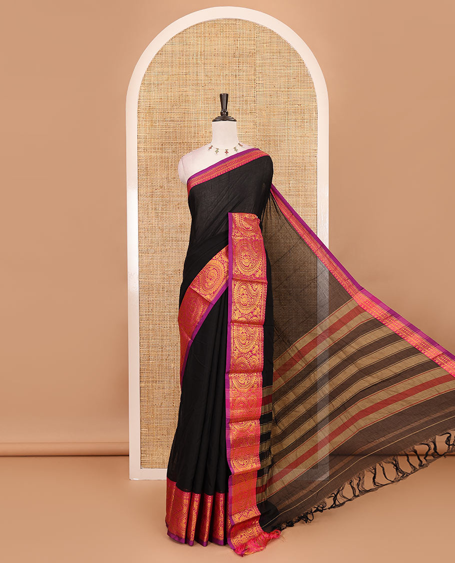 Black plain design mercerised cotton saree, contrast traditional peacock enclosed manga border, striped pallu & matching blouse