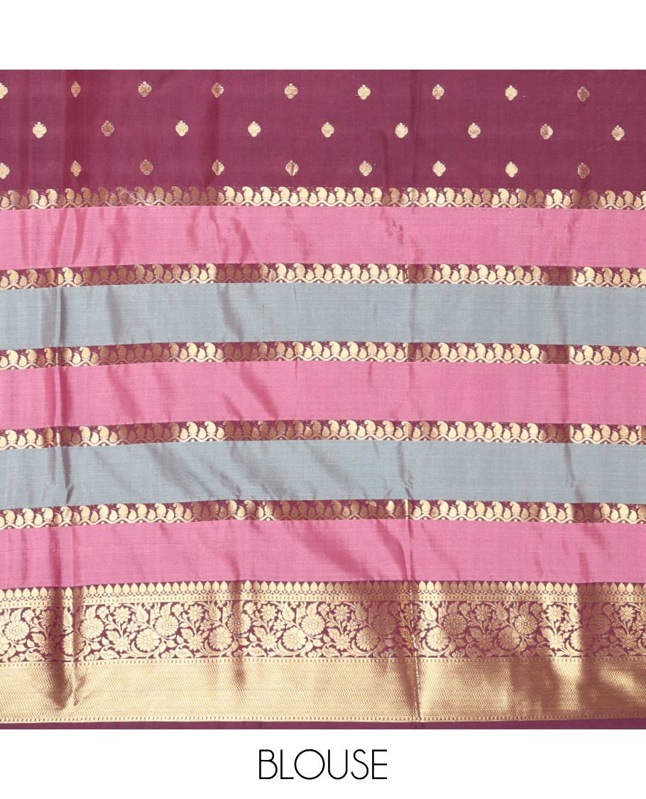Purple Semi-Katan Silk Saree, Adorned with Zari Designs, Contrast Floral Creeper Border, Self-Pallu, and Matching Blouse
