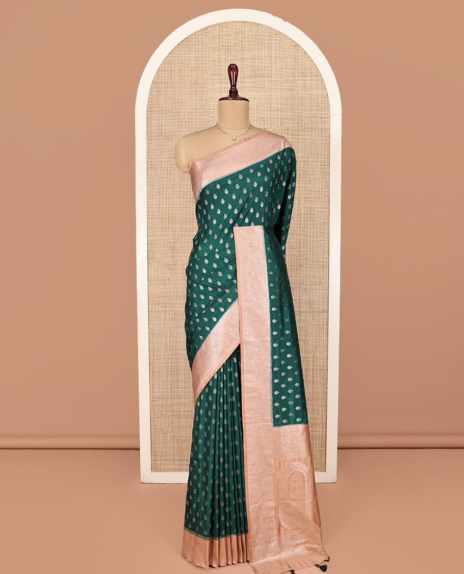 Green Semi-Banaras Dupion Saree, Meticulously Crafted with Buttas, Complemented by a Contrast Traditional Border, Grand Pallu, and a Contrast Blouse