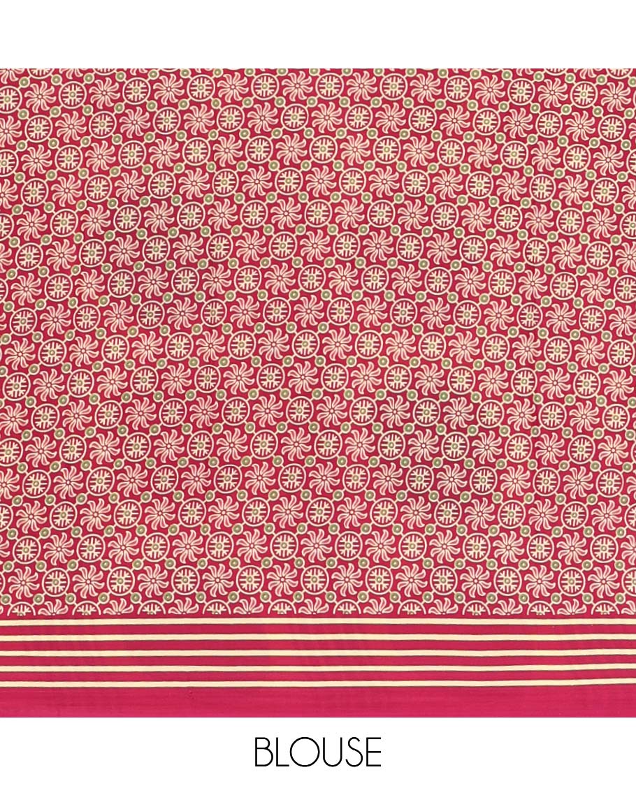 Magenta vertical stripes printed modal satin saree, a self-border of horizontal stripes print, polka dots printed on the pallu, and an intricate ajrakh-style printed blouse