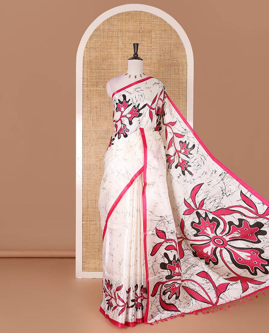 Half-white batik-style floral vine printed khadi cotton saree, contrast rani pink border, batik floral printed, and contrast flower motifs printed blouse