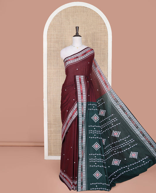 Maroon Odisha Cotton Saree, Accentuated with Buttas All Over the Body, Subtle Self-Border Steeped with Fish Motifs, Captivating Contrast Pallu of Unique Designs, and Paired with a Contrast Blouse