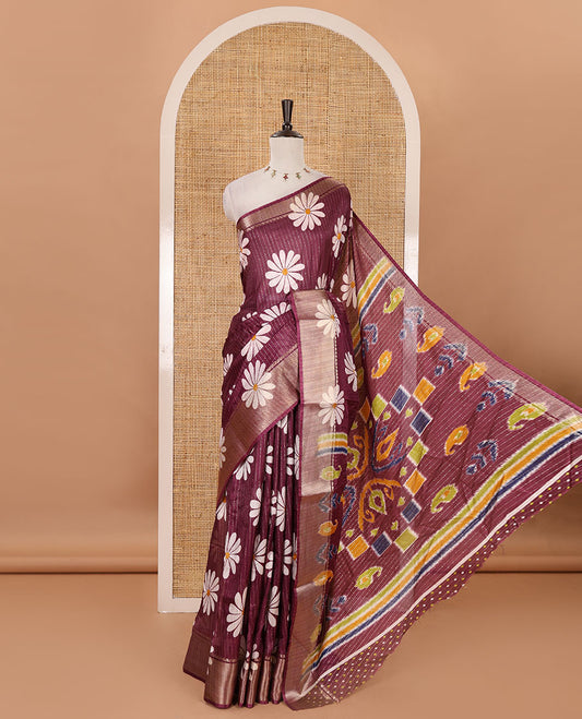Purple zari striped & sunflower motifs printed dola silk saree, traditional zari border, ikkat printed pallu & printed blouse