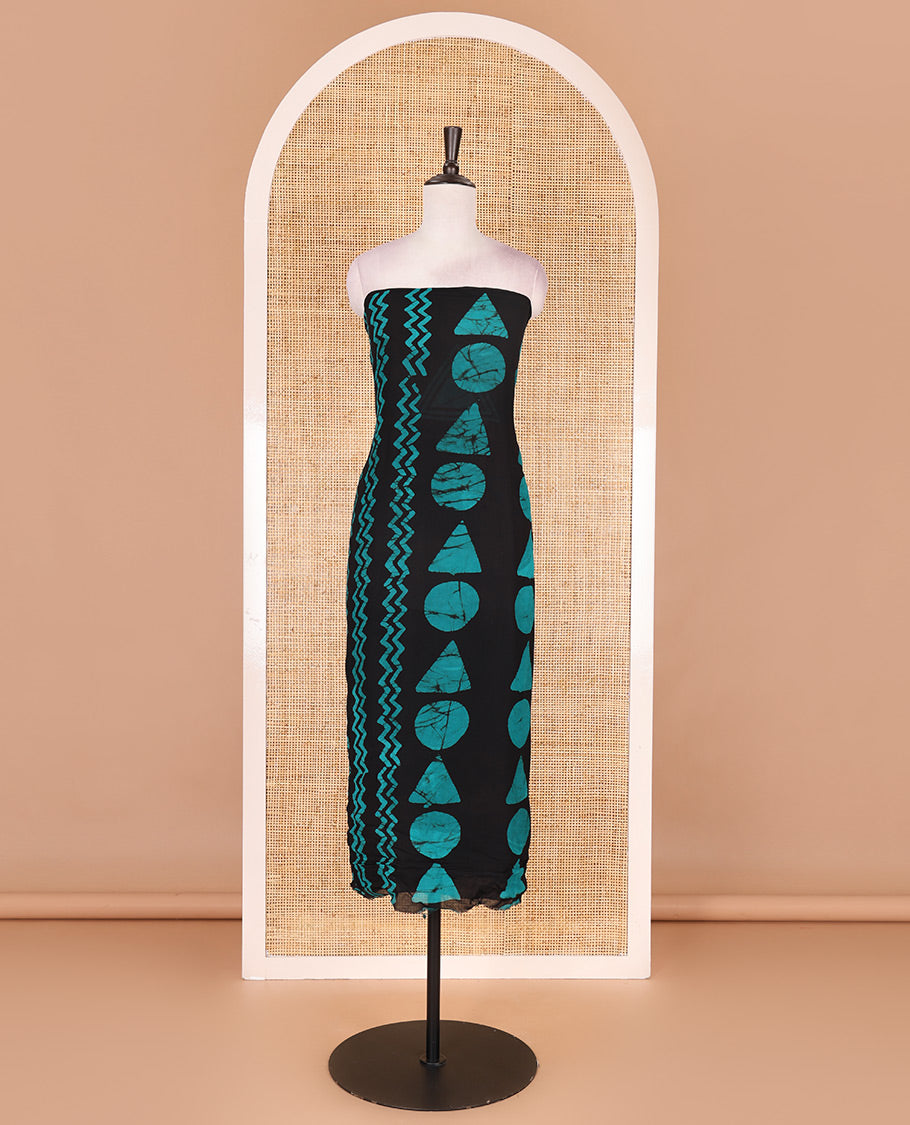 Black and blue viscose georgette material churidar set, geometric shapes batik hand block printed top, plain bottom, and batik hand block printed dupatta