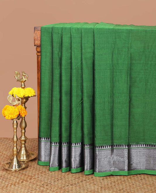 Green narayanapet cotton saree with zari thread temple cheer border & striped pallu along with running blouse