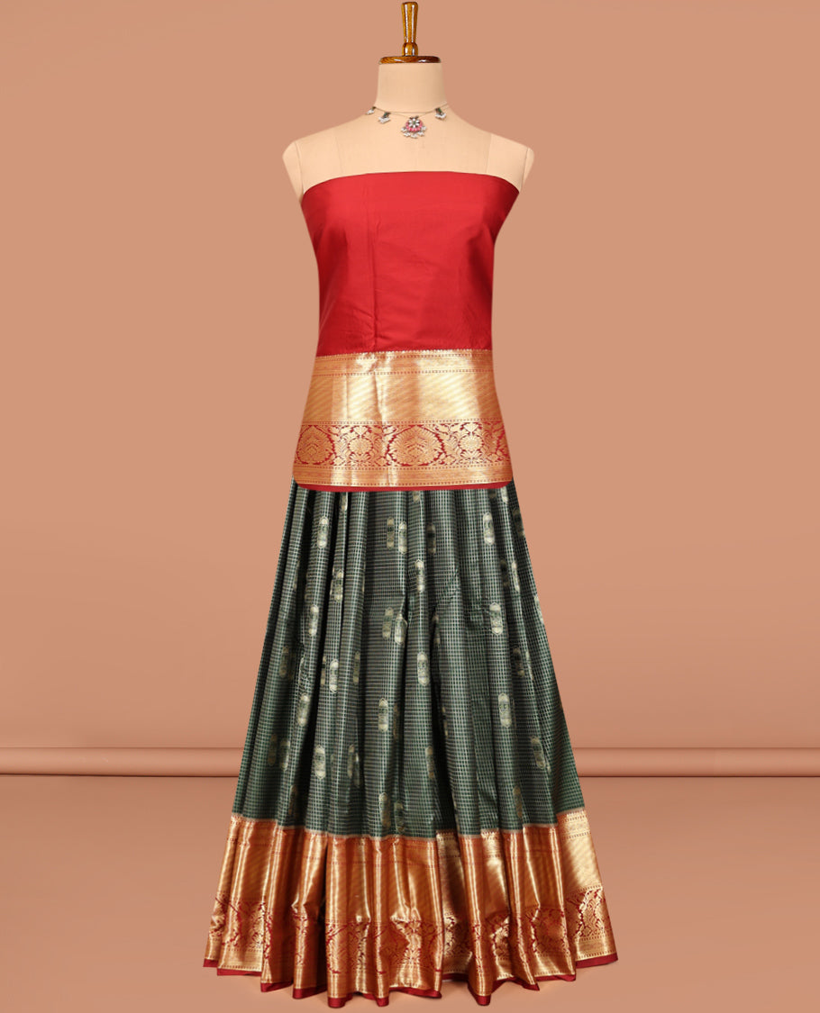 Green Art Silk Material Half Saree Set Featuring a Zari Buttas and Checked Skirt, a Contrast Traditional Zari Design Border, Contrast Blouse, and Zari Designs Dhavani