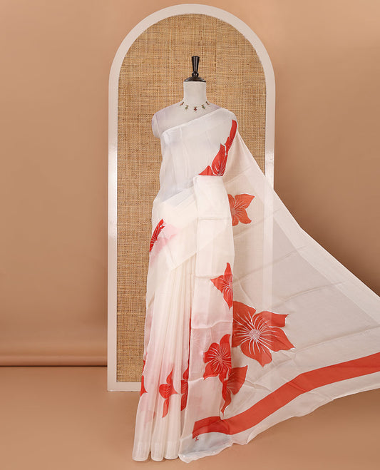 Cream floral placement-style printed Marble chiffon saree, zari border & contrast red gotta patti work & mixed embroidered blouse