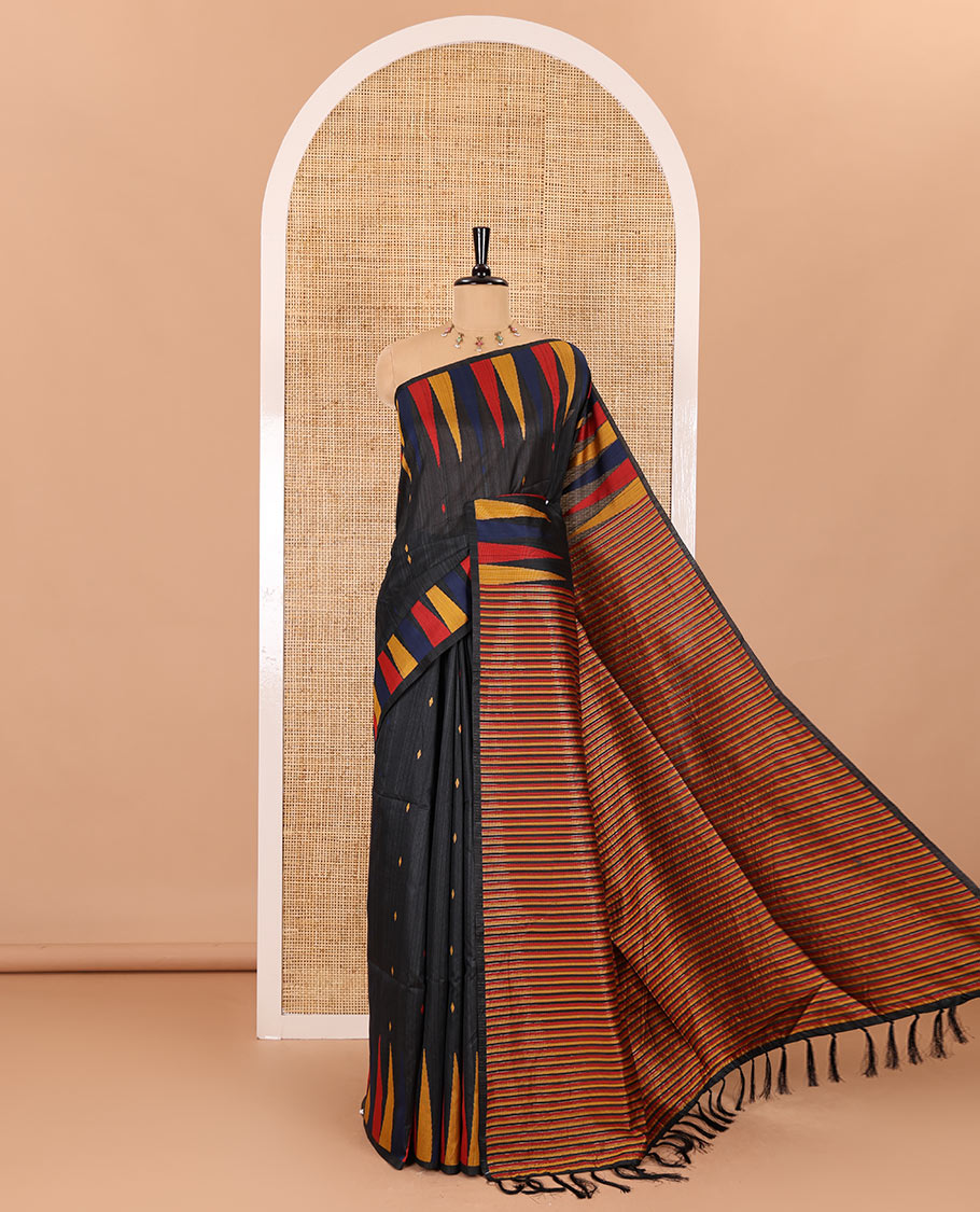 Black thread buttas woven jute cotton saree, multi-color temple border, striped pallu, and a matching striped blouse