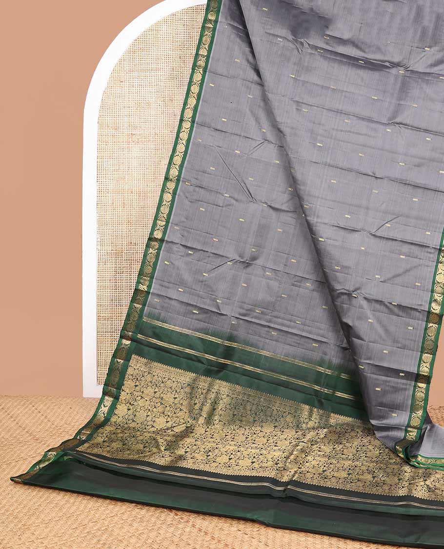 Grey buttas kancheepuram silk saree contrast border of poo chakram design & floral jaal design pallu