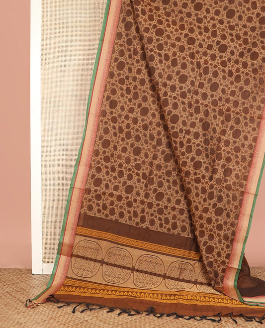 Brown Coimbatore Cotton Saree Beautified with 3d Textures All Over Its Body, Complemented by Contrast Border, Pallu Depicts Intricate Designs, and Is Paired with a Matching Blouse